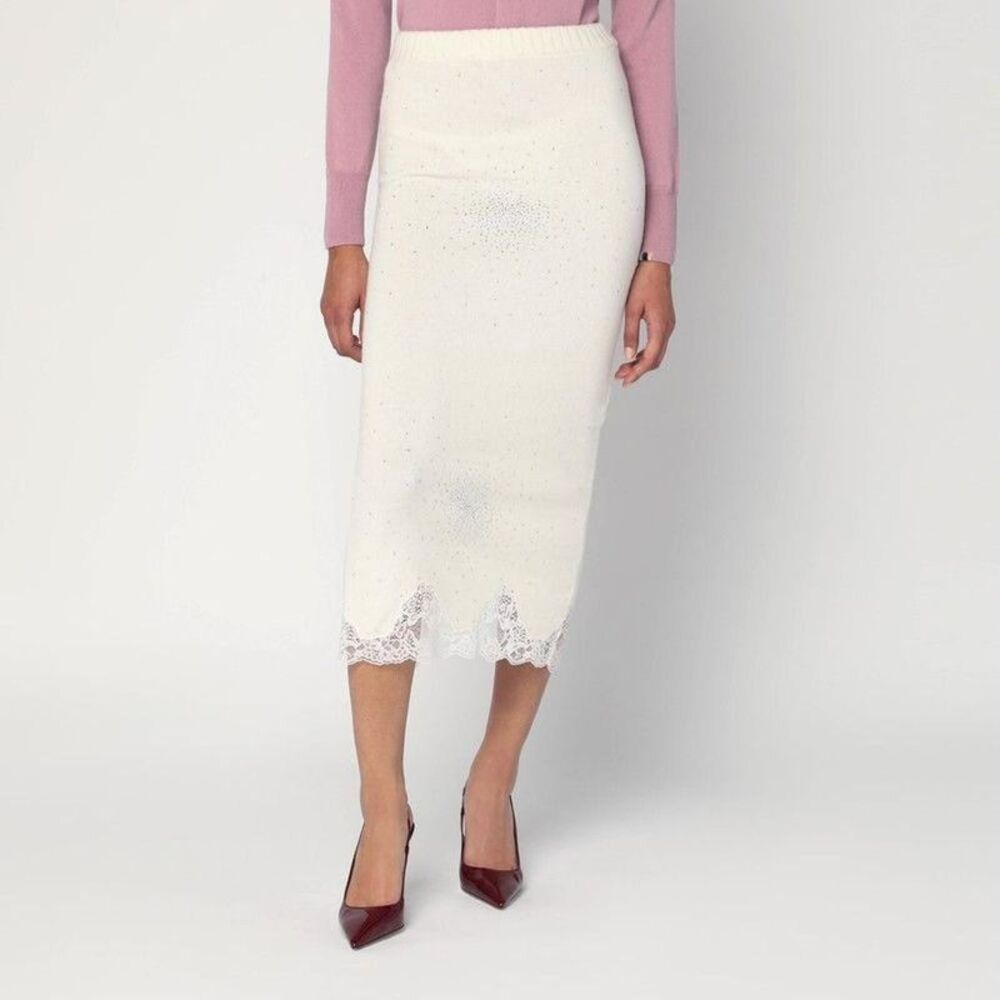 GIUSEPPE DI MORABITO Embellished Knit Pencil Skirt with Lace Trim Women WHITE
